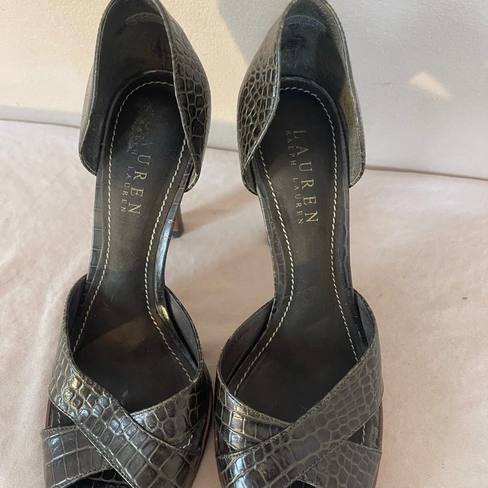 Ralph Lauren Leather Crocodile Pattern Heels Callia Peep Toe Pumps Shoes 7 B - Picture 4 of 9